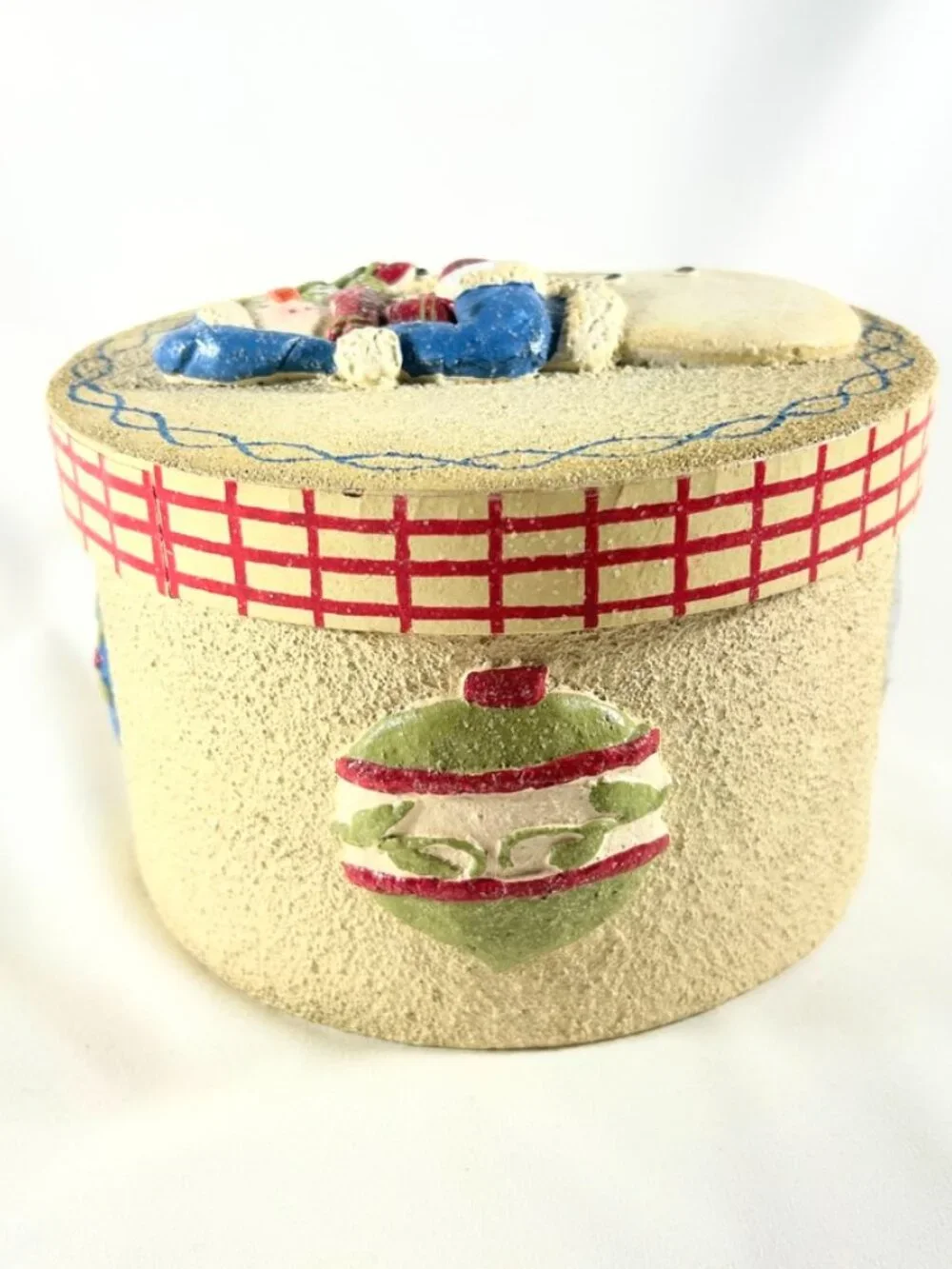 Snowman Circular Box Decorated With Holiday Ornaments